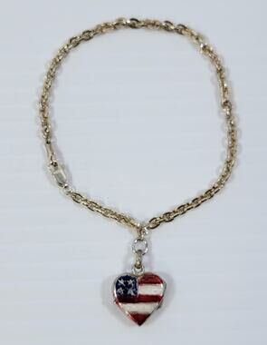 *B) Sterling Silver 925 Charm Bracelet With American Flag Heart Enamel Locket